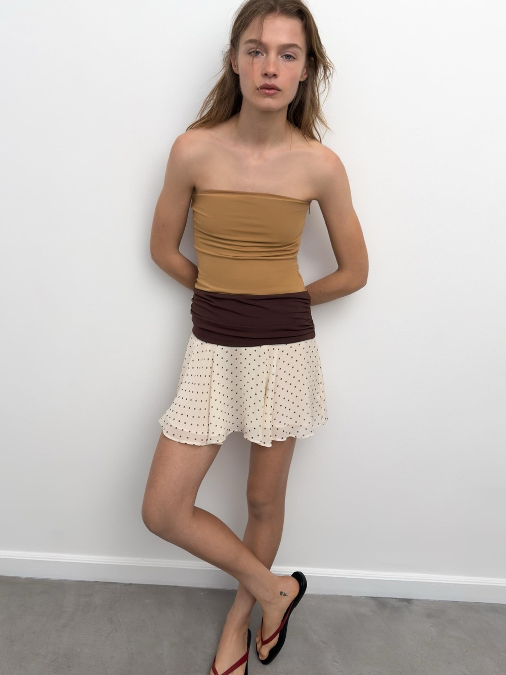 Zara Two-Tone Strapless Skater Dress in Mustard, Chocolate & Cream Polka Dot